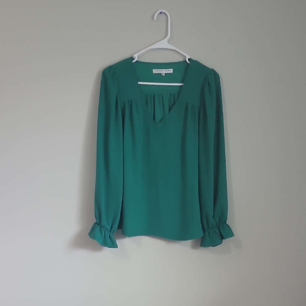 Trina Turk Teal V-Neck Long Sleeve Blouse